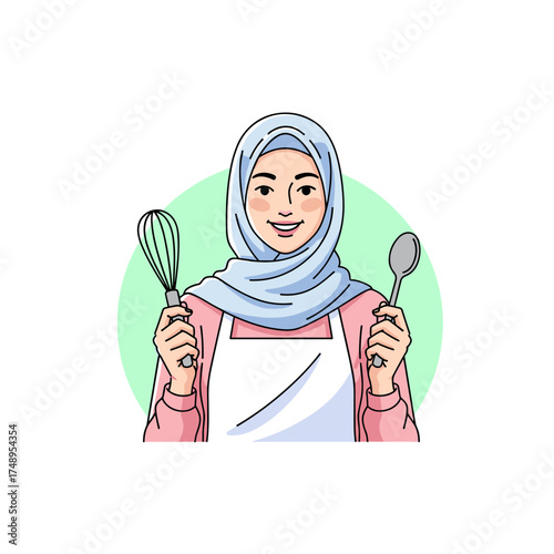 Smiling Muslim Female Chef in Hijab Holding a Whisk and a Spoon - Cooking and Baking