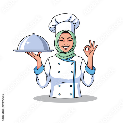 Happy Muslim Female Chef in Hijab Holding a Serving Platter and Giving an 'OK' Hand Sign