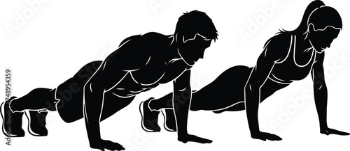 Vector art of silhouette of a man and woman doing pushups