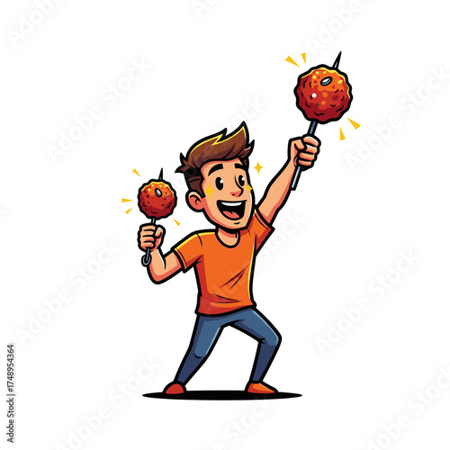 Happy Boy Celebrating with Two Flaming Bakso Meatball Skewers