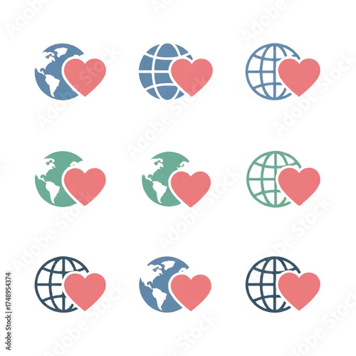 World globe displays heart symbol, representing global love and connection, promoting unity and compassion in a digital age.