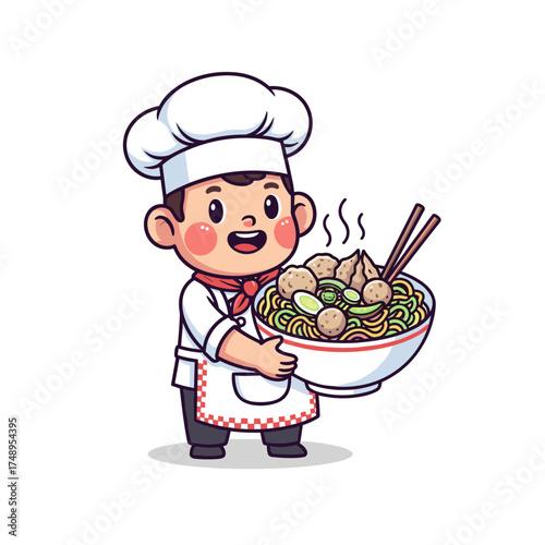 Adorable Cartoon Chef Holding a Steaming Bowl of Bakso Noodles and Meatballs