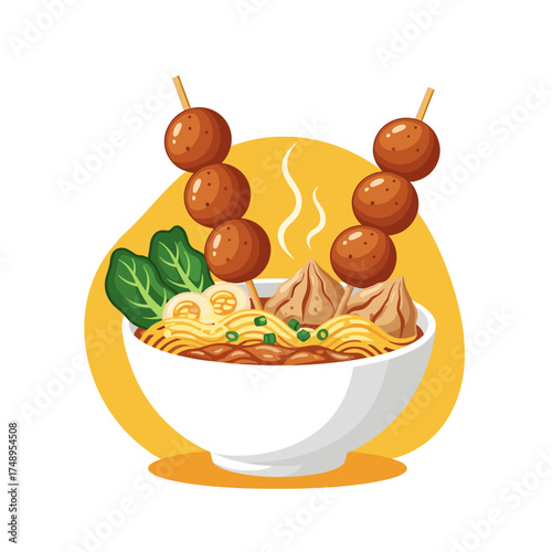 Delicious Bakso Noodle Bowl with Meatballs on Skewers Illustration