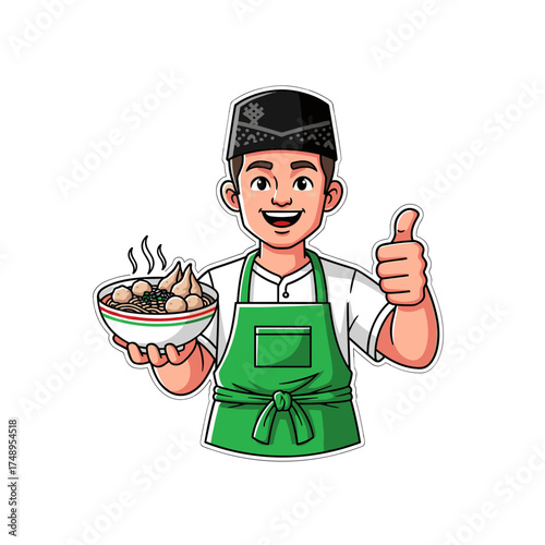 Indonesian Bakso Seller Giving Thumbs Up, Traditional Meatball Soup Vendor Cartoon