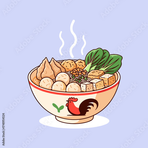Traditional Steaming Indonesian Bakso Bowl with Rooster Design and Various Toppings