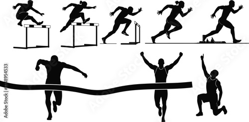 Runner silhouette, hurdle jump, sprint motion, finish line pose, victory gesture, black vector, athletic form, track event celebration