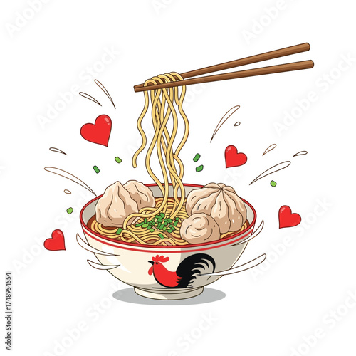 Lovely Bakso Noodle Bowl with Meatballs, Chopsticks, and Hearts Illustration