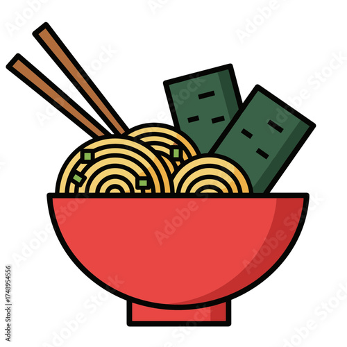 Minimalist Ramen Noodle Soup with Seaweed and Chopsticks Icon