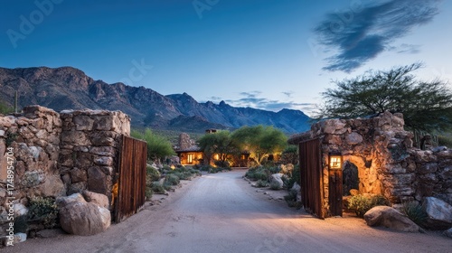 Rustic stone gatehouse entrance to a mountain home at twilight.