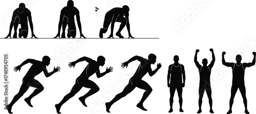 Sprinter silhouette, race start pose, running motion, victory gesture, black vector, athletic progression, sprint sequence, finish line celebration