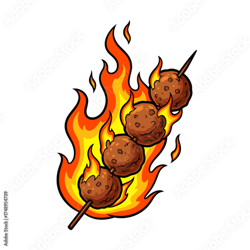 Flaming Skewered Meatballs, Spicy Grilled Bakso Satay Illustration