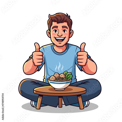 Happy Cartoon Man Sitting Cross-Legged with Bakso Bowl and Giving Thumbs Up