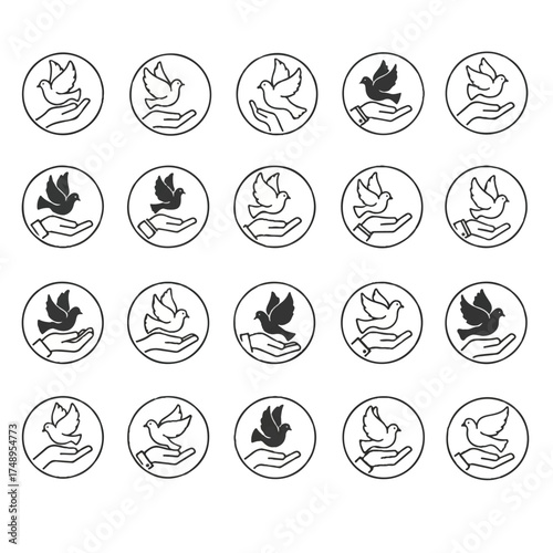 Dove flying from hand in circle represents peace, freedom, and hope, symbolizing a message of unity and goodwill in a minimalist style.