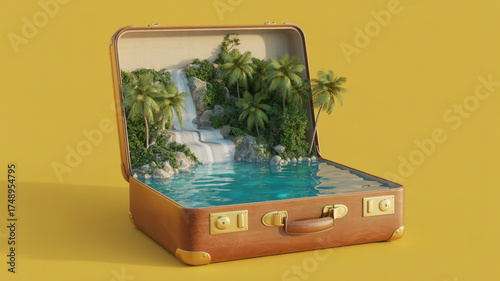 Tropical paradise inside a vintage suitcase on a yellow background