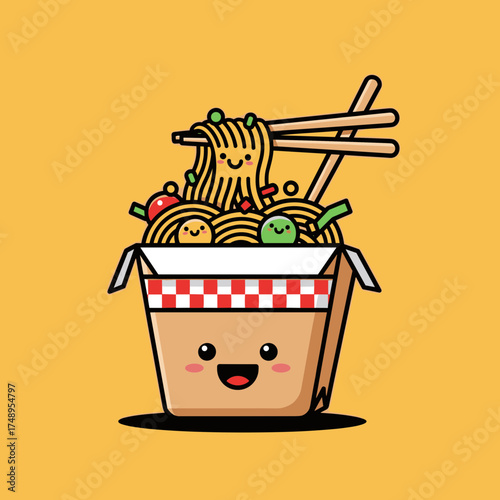 Adorable Cartoon Takeout Noodle Box Character with a Happy Face and Chopsticks