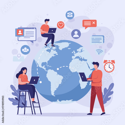 Flat vector of people connecting through internet globally