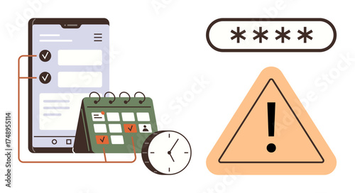 Mobile app checklist with calendar and clock for task management, password placeholder for security, and warning sign for alerts. Ideal for productivity, organization, planning, cybersecurity