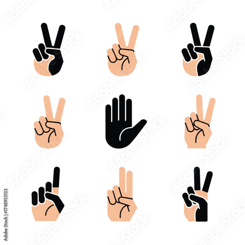 Collection of hand gestures displaying peace signs and open palm on white backdrop, symbolizing communication and positivity.