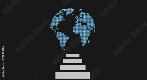 Pixelated globe above a set of stairs, representing global progress and upward movement.