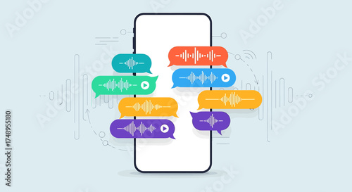 Smartphone displaying colorful voice message bubbles with audio waveforms and sound patterns.