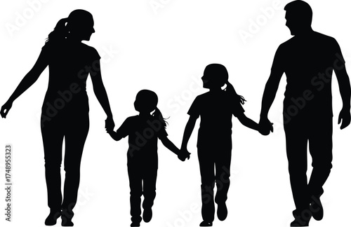 Vector art of silhouette of a family walking handinhand