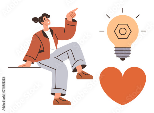 Woman sitting and gesturing upward, next to a glowing lightbulb and heart. Ideal for creativity, innovation, inspiration, passion, leadership, motivation, confidence simple flat metaphor