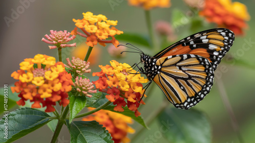 Monarch butterfly on lantana flower, showcasing natures beauty and pollination
