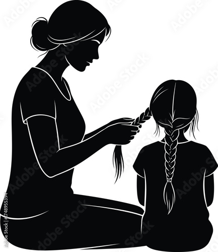 Vector art of silhouette of a mother braiding her daughters hair