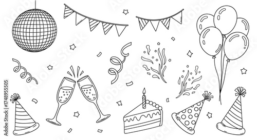 A hand-drawn collection of black and white party elements, including cake, balloons, and champagne glasses for celebration.