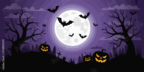 A Halloween scene with a full moon bats trees pumpkins  a spooky purple background