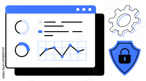 Interactive dashboard with graphs, charts, cogwheel, and shield for data analysis and cybersecurity. Ideal for technology, finance, security, business insights, innovation strategy simple flat