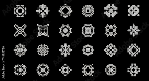 A collection of 24 intricate, symmetrical, geometric digital icons or emblems on a black background.