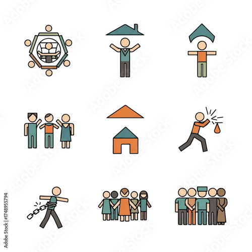 Diverse group of people collaborating and interacting in various scenarios representing teamwork, housing, freedom, and community, conveying a sense of unity and support.