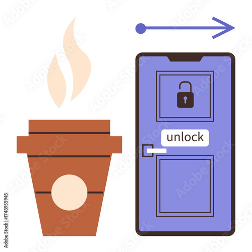 Hot coffee cup next to a secure digital door lock and open arrow, symbolizing modern convenience. Ideal for technology, automation, security systems, productivity, innovation, lifestyle, and access