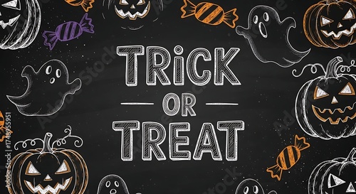 Spooky trick or treat design with cute pumpkins and ghosts for Halloween fun, perfect for seasonal promotions and delightful holiday greetings
