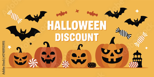 Graphic design featuring Halloween discounts against an orange backdrop with pumpkins bats candies