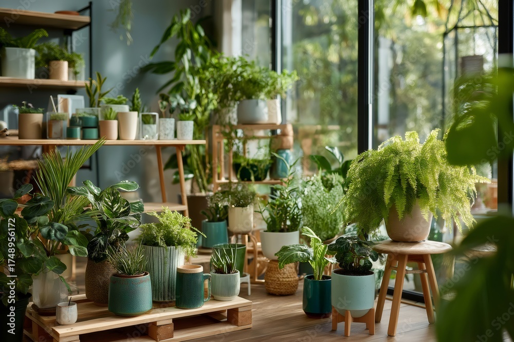 Fototapeta premium Lush green houseplants arranged in a modern plant shop interior