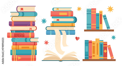 Illustration of stacks of books and books on shelves, with an open book.