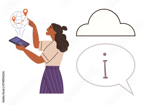 Woman interacts with tablet, pointing at global map with location pins. Includes cloud and info bubble for data sharing, communication, teamwork, education, innovation, research ideas. Simple flat