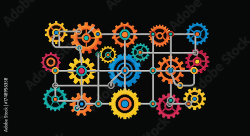 Colorful gears interconnected on a black background, representing technology and industry.