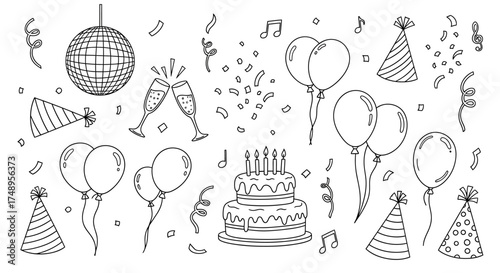 A collection of hand-drawn party and celebration doodles including a birthday cake, balloons, confetti, and a disco ball.