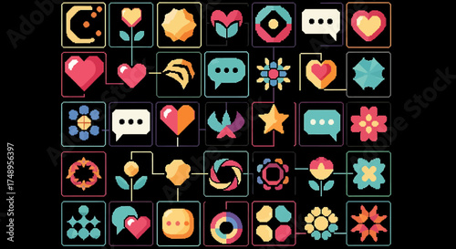 A collection of colorful, pixelated icons with various shapes and symbols arranged in a grid on a black background.