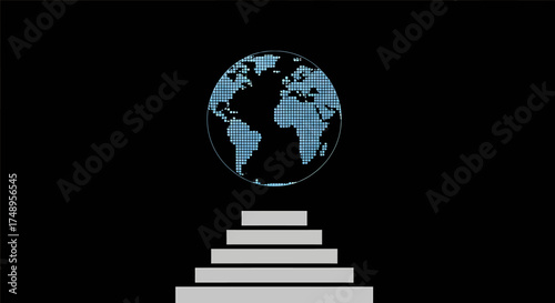 Illustration of a globe above stairs on a black background.