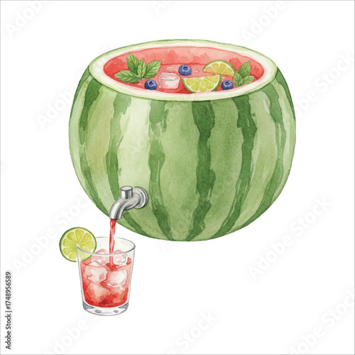 Watermelon Keg Cocktail Watercolor Illustration on White
