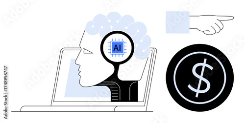 Human head with AI chip, laptop, dollar sign, and pointing hand symbolizing innovation, technology, finances, automation, decision-making, business strategy and modern economics in a simple flat