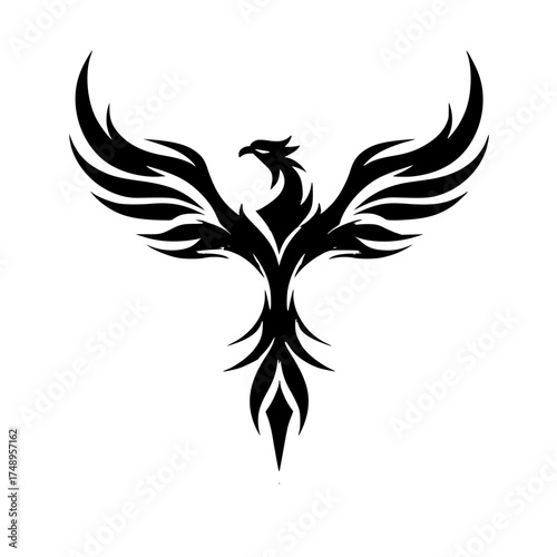 Abstract Black Bird Silhouette with Flame Details White Background