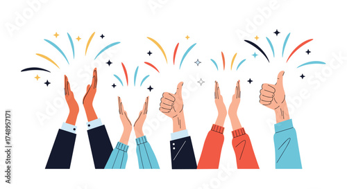 A diverse group of people are celebrating with applause and confetti in the air.