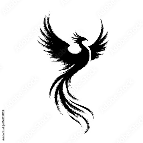 Stylized Black Phoenix Silhouette with Dynamic Brushstroke Details