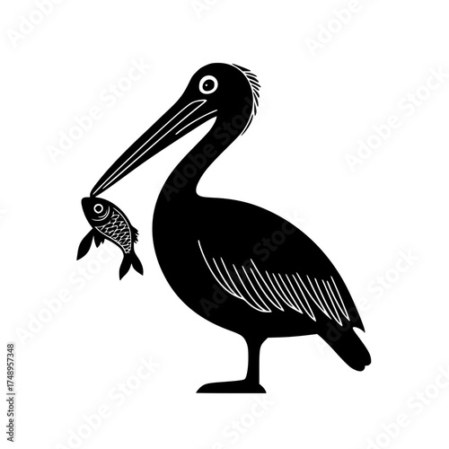 Stylized Blackandwhite Bird with Fish Illustration