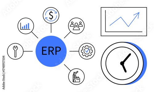 Central ERP hub connecting analytics, team, finances, clock, factory, and gear symbols. Ideal for business systems, process optimization, resource management efficiency workflow coordination
